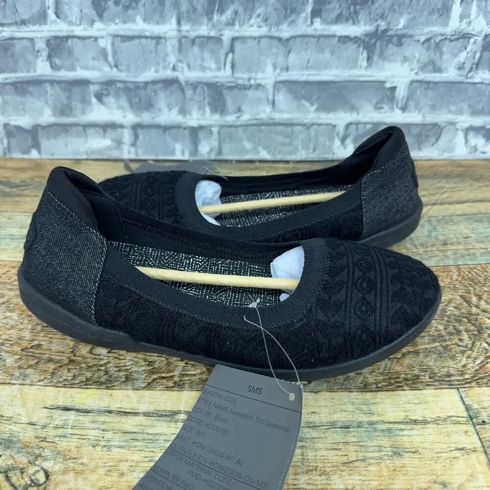 Hey Dude Savannah Slip Classic Black Stitched Denim SAMPLE Womens Size 7 New